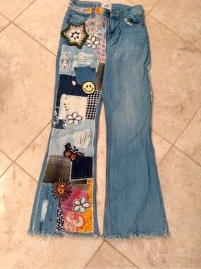 BDG Women’s Light Blue Patchwork Flare Jeans with Embroidered Patches